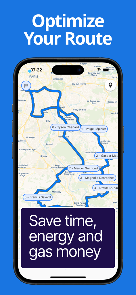 Route Optimizer - Easy Way - iPhone screen displaying an optimized sales route map with numbered stops and client names