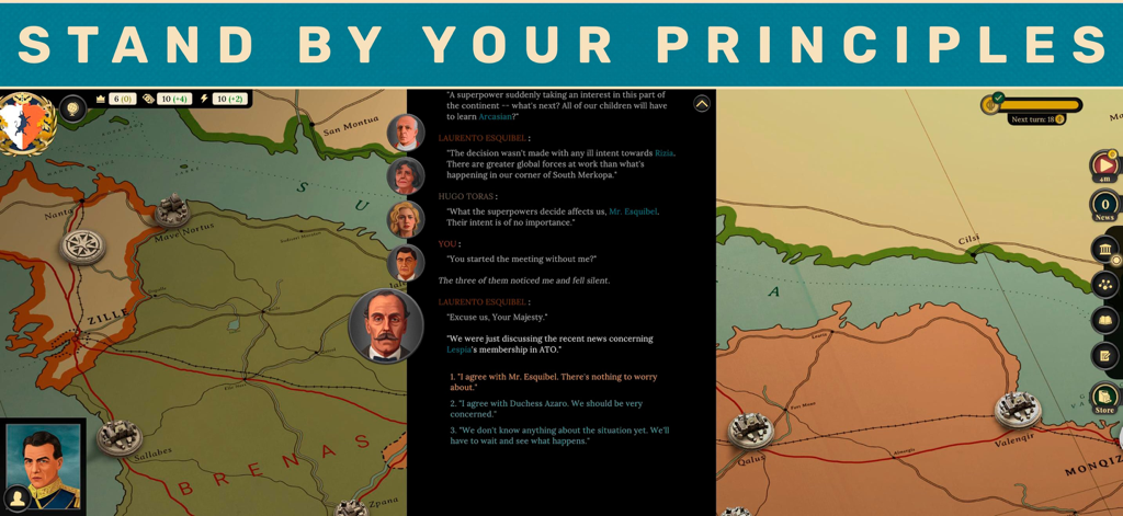 Suzerain - Captura de pantalla del juego Suzerain que muestra un diálogo diplomático sobre un mapa de Rizia con el texto Mantente firme en tus principios.