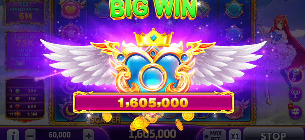 Joker King Slots Online game interface showing a big win screen with over one million coins