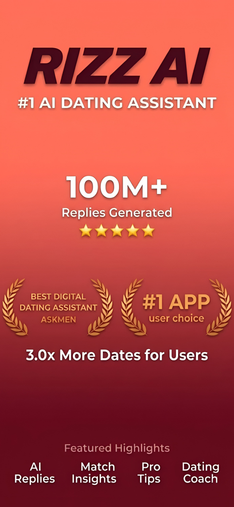 Rizz AI - Texting Wingman - Promotional screen for Rizz AI app highlighting its status as a top dating assistant with features like AI replies and match insights
