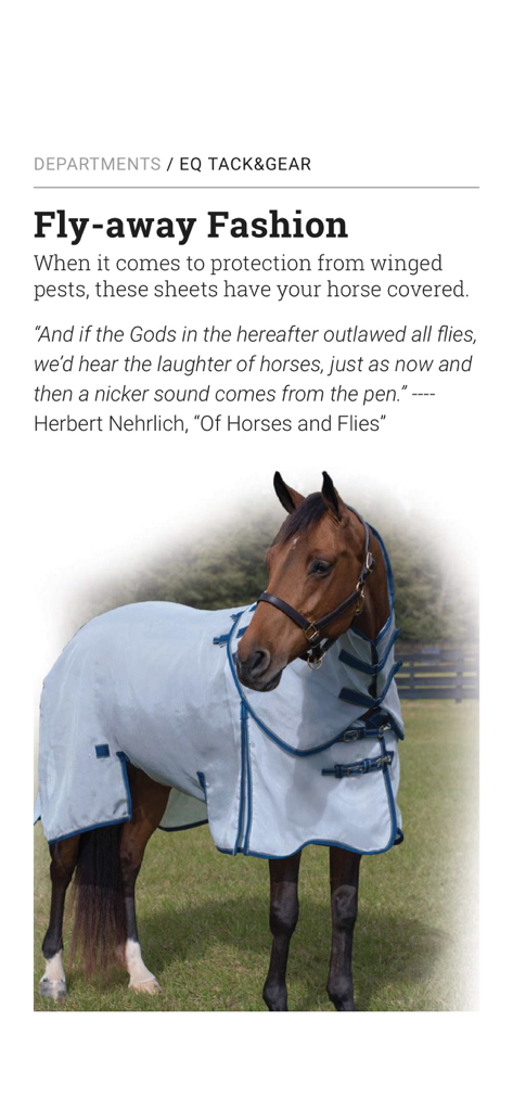 A horse wearing a blue protective fly sheet from the EQUUS Magazine tack and gear section.