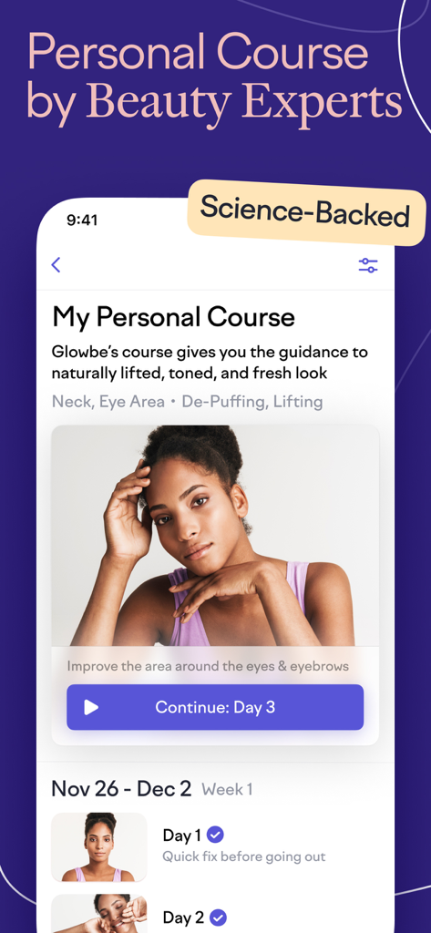 Glowbe – Face Yoga & Massage - Interface of the Glowbe app showing a personalized face yoga course and beauty expert tips.