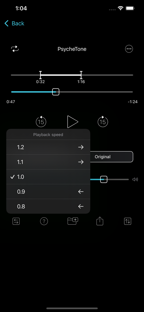 Music-1G app interface showing playback speed control and section looping for guitar practice.