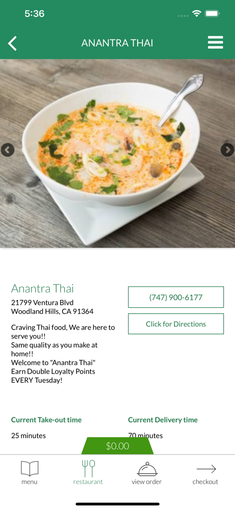 Anantra Thai mobile app interface showing restaurant location details and estimated delivery times