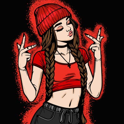 realistic teenage girl with braids and a beanie and crop top doing 🫶🏼