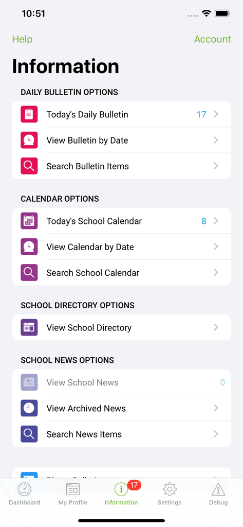 iStudent App - iStudent 앱의 정보 화면으로 학교 게시판, 캘린더 옵션, 학교 디렉토리, 뉴스 카테고리를 표시합니다.
