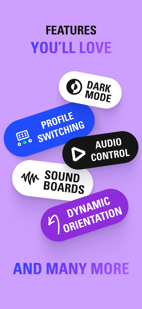 Elgato Stream Deck Mobile - A list of features for the Elgato Stream Deck Mobile app including Dark Mode, Profile Switching, and Audio Control.