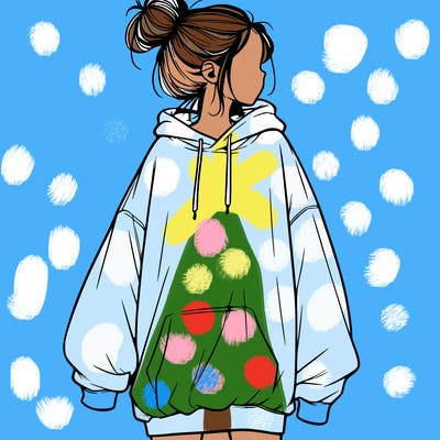realistic girl with a oversized sweatshirt on and a bun