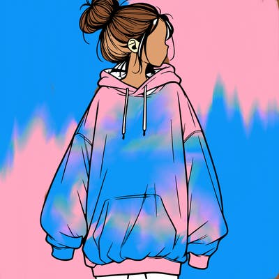 realistic girl with a oversized sweatshirt on and a bun