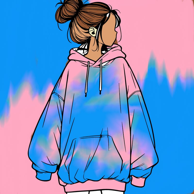 realistic girl with a oversized sweatshirt on and a bun
