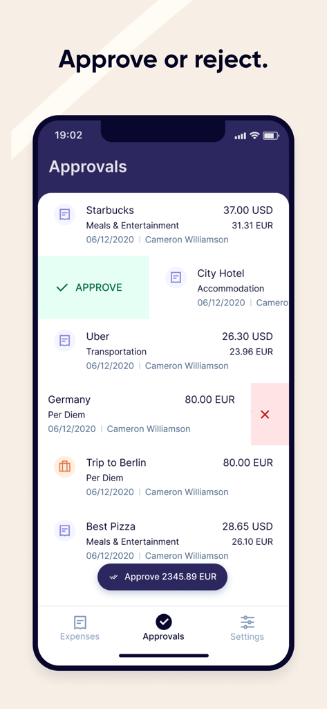 Rydoo - Rydoo-Mobile-App-Bildschirm zur Genehmigung oder Ablehnung von Geschäftsausgabenberichten und Tagessätzen