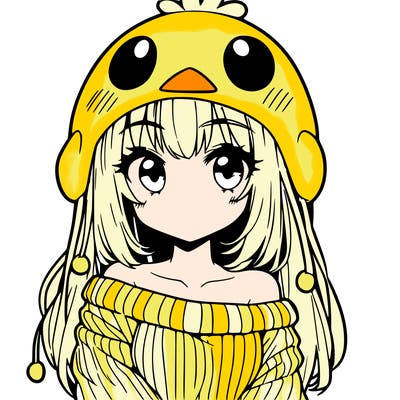 anime girl with chick shaped hat with sweater with bare shoulders with bangs covering them one eye with low tail