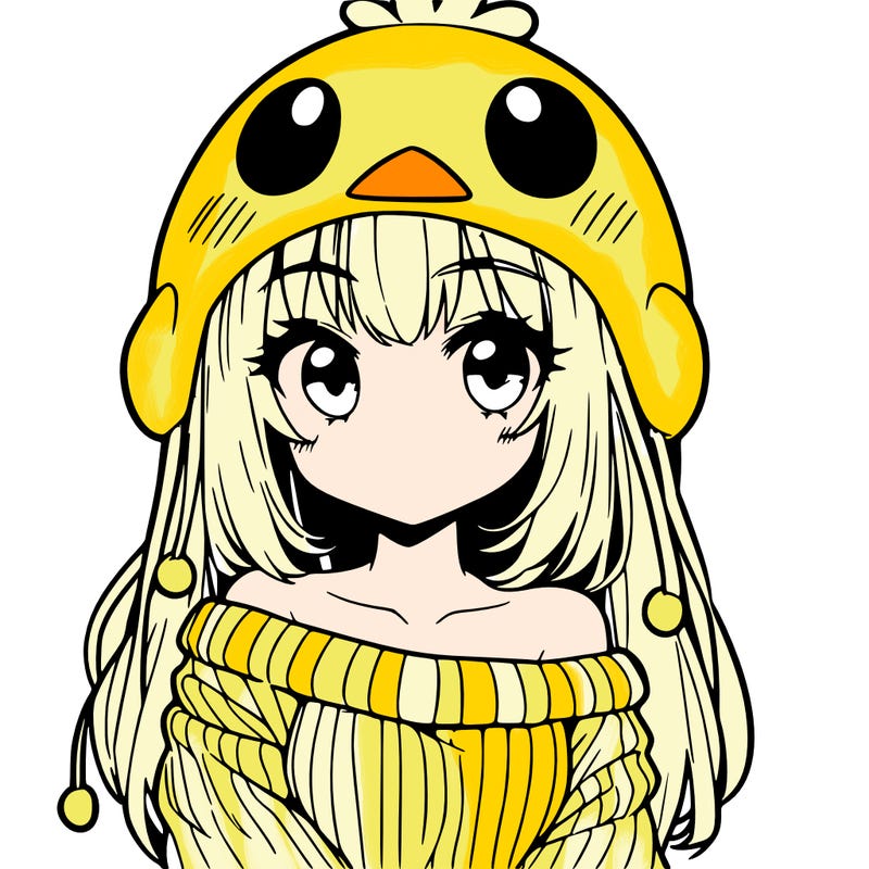 anime girl with chick shaped hat with sweater with bare shoulders with bangs covering them one eye with low tail