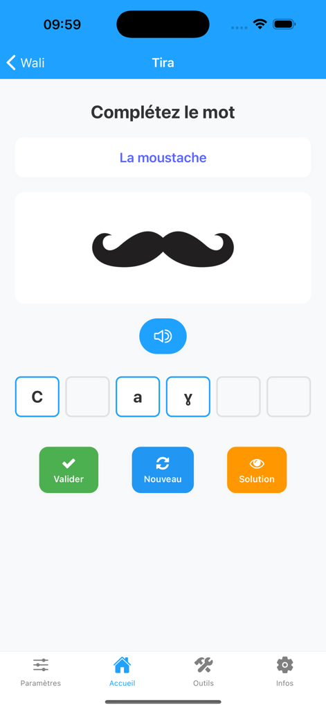 Lmed Taqbaylit - Writing exercise in Lmed Taqbaylit app with a mustache illustration.