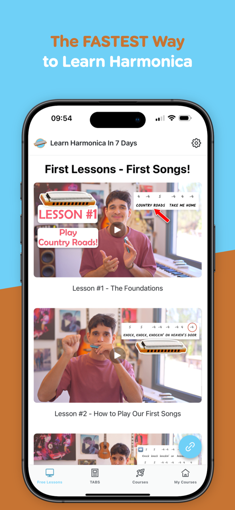 Learn Harmonica In 7 Days - Mobile screen showing beginner harmonica video lessons for songs like Country Roads