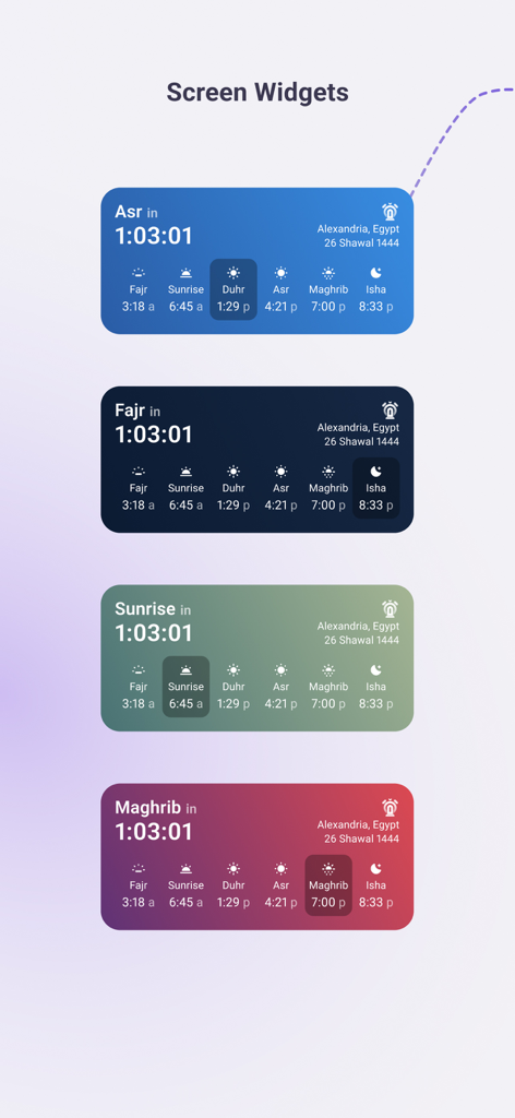 Four colorful mobile screen widgets showing Islamic prayer times and countdowns