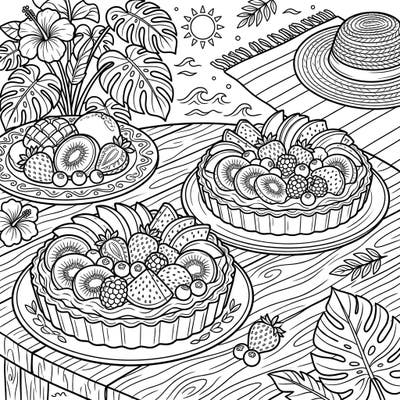 Indulge in a delightful summer escape with this vibrant coloring page featuring tempting fruit tarts and tropical elements. Perfect for a relaxing activity, it brings the warmth and sweetness of the season right to your fingertips.