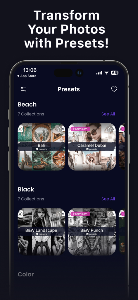 Presets for Lightroom: Filters - Mobile app interface showing organized photo preset categories like Beach and Black and White