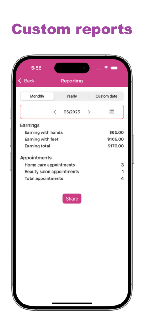 Monthly financial and appointment summary screen in the Nail Tech Appointment App