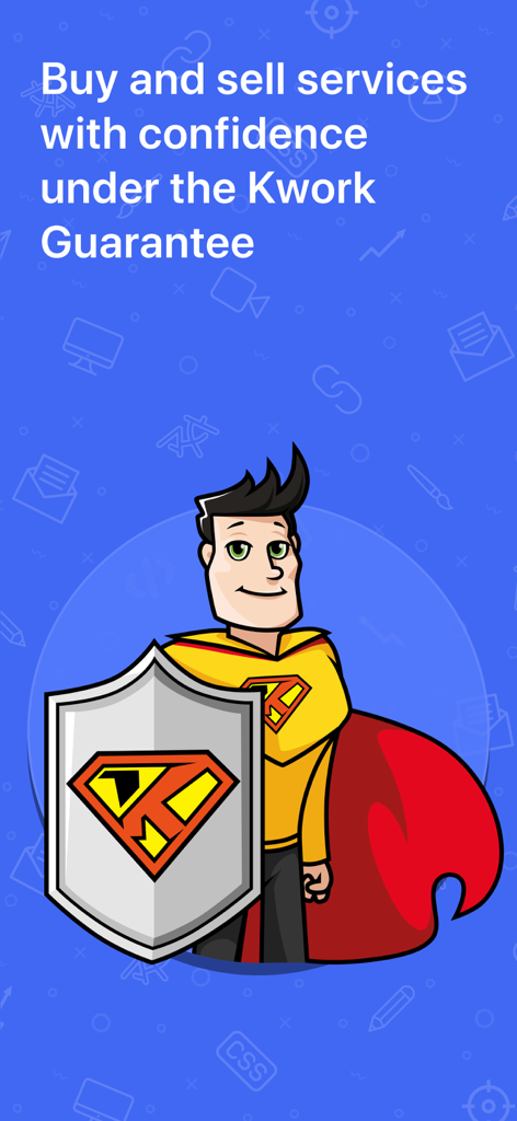 A superhero character holding a shield with the Kwork logo to illustrate the platform guarantee for buying and selling services.