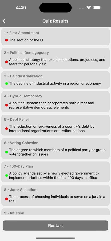 Political Science Terms - Quiz results screen showing political science terms and definitions with correct and incorrect indicators