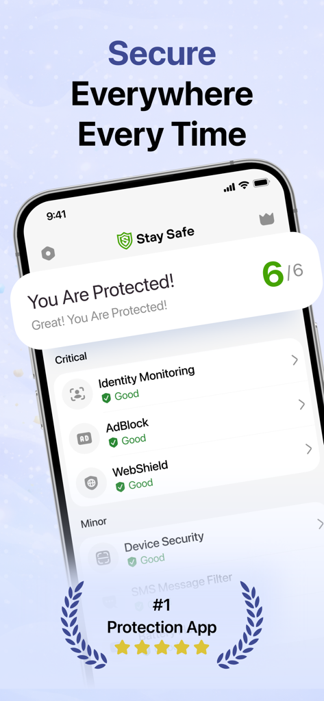 Stay Safe app dashboard showing a perfect protection score and active security features