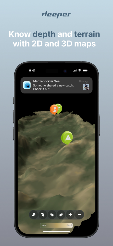 Aplicativo Fish Deeper exibindo um mapa 3D do terreno subaquático para pesca
