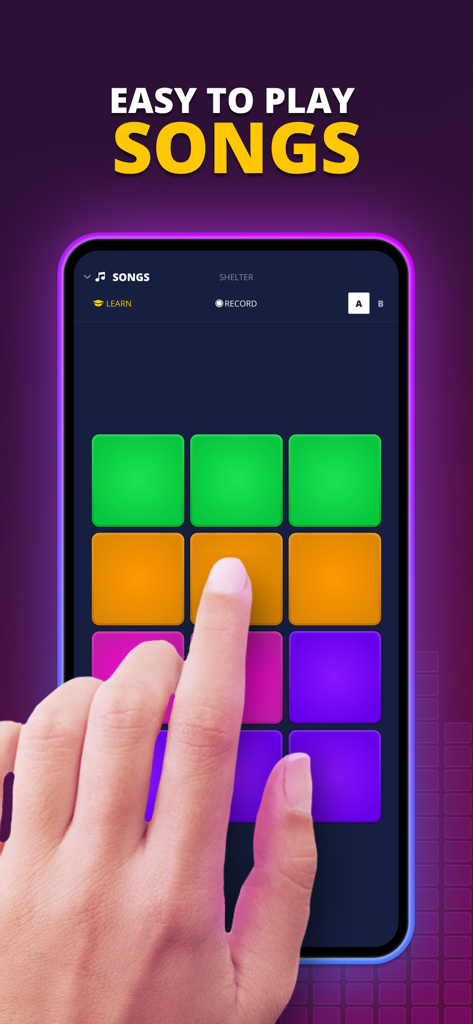 Utilisateur jouant de la musique sur des pads de batterie colorés dans l'interface de l'application Beat Lab