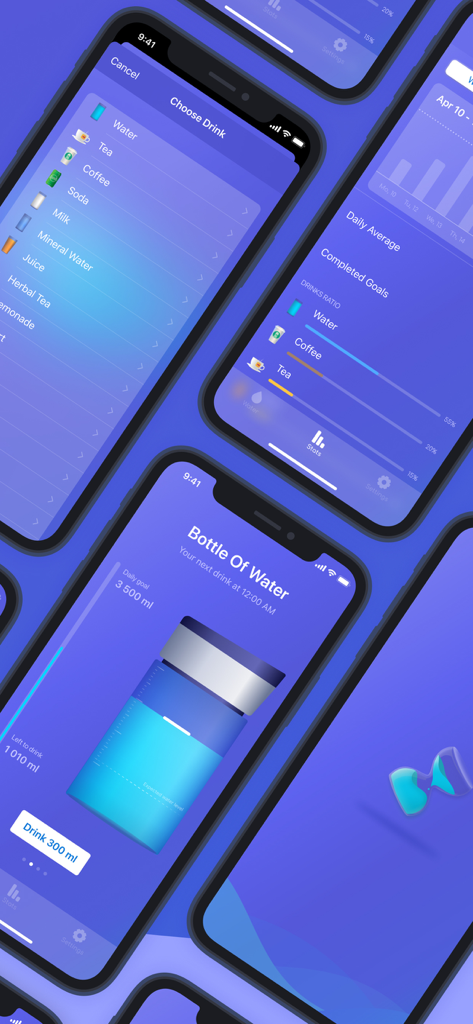 Water Reminder: Daily Tracker - Telas de interface do aplicativo Lembrete de Água mostrando rastreamento de hidratação e estatísticas.