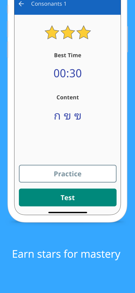 Write It! Thai - Der Bildschirm für den Fortschritt des Schreib es! Thai App zeigt drei Sterne und eine Bestzeit für eine thailändische Schriftlektion