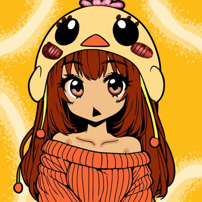 anime girl with chick shaped hat with sweater with bare shoulders with bangs covering them one eye with low tail