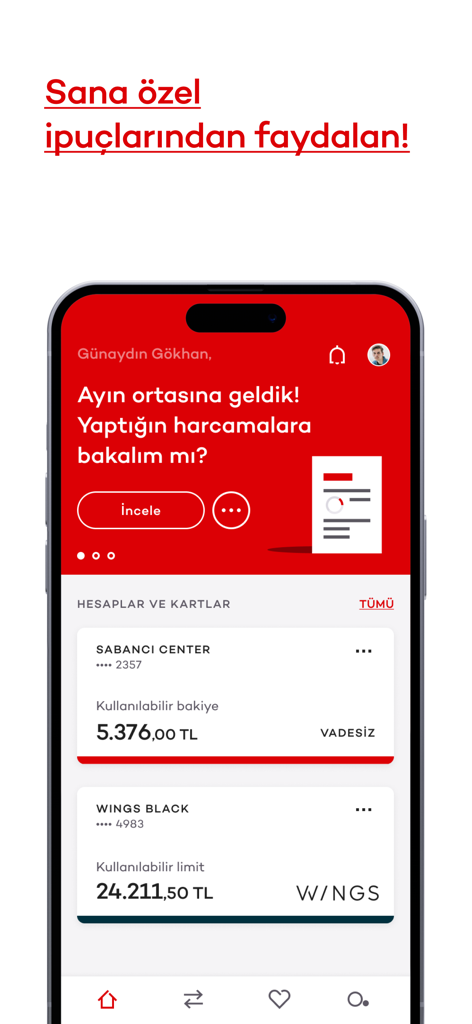 개인별 지출 분석 및 계좌 잔액을 표시하는 Akbank 모바일 앱 인터페이스