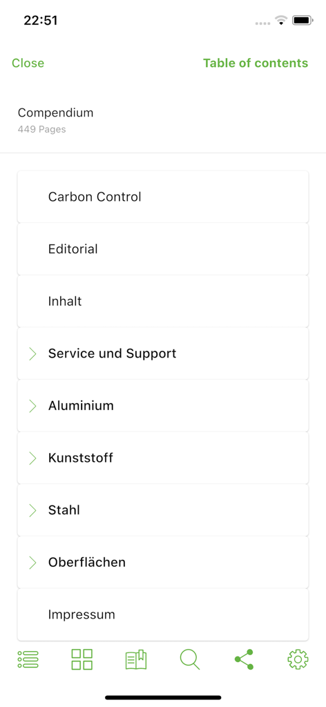 Docu Center - Bildschirm mit Inhaltsverzeichnis in der Schueco Docu Center App, der technische Handbuchkategorien wie Aluminium und Stahl anzeigt.