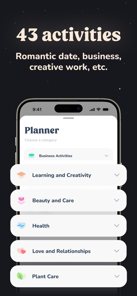 Navamsha app planner showing categories for choosing auspicious days