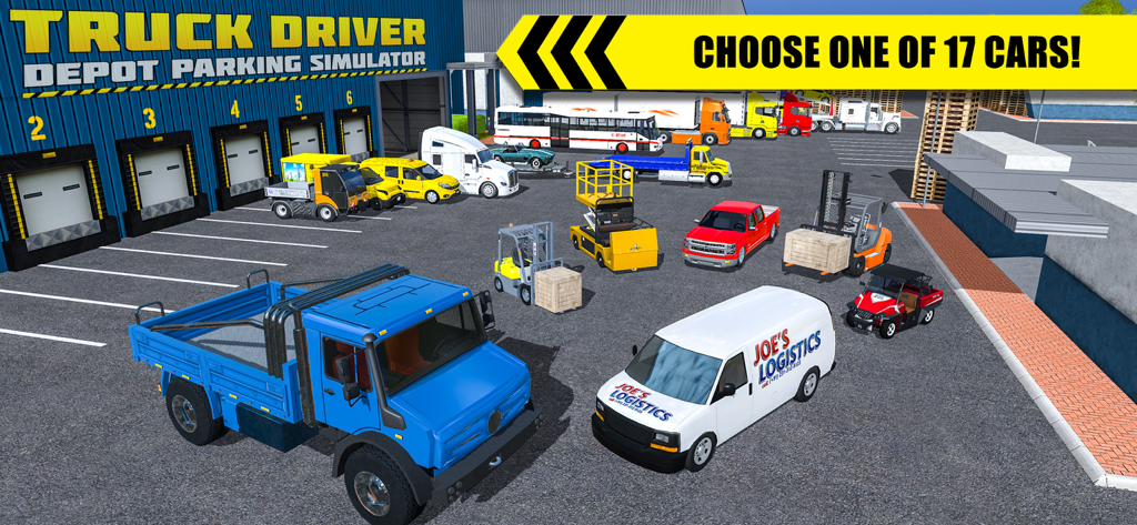 A wide variety of 17 different vehicles including trucks and forklifts parked in a warehouse depot