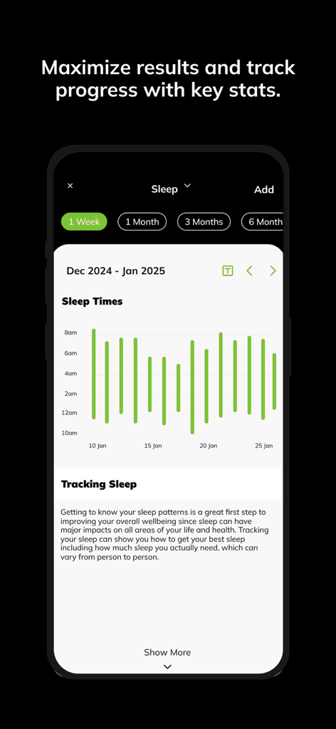 K Fitness - K Fitness app sleep tracking screen displaying a bar graph of sleep times and progress stats