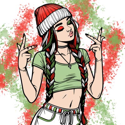 realistic teenage girl with braids and a beanie and crop top doing 🫶🏼