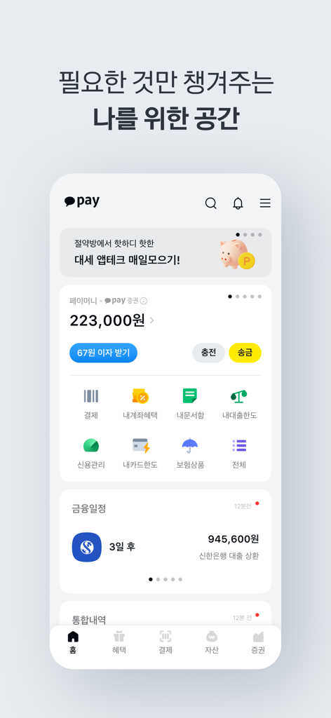 Kakao Pay mobile app home screen showing financial assets, account balance in Korean Won, and various service icons for payments and banking.