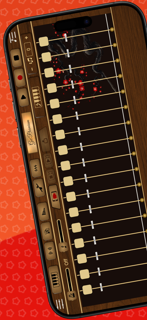 Koto Sim - Mobile interface of the Koto Sim app showing a virtual thirteen string Japanese instrument with traditional artwork