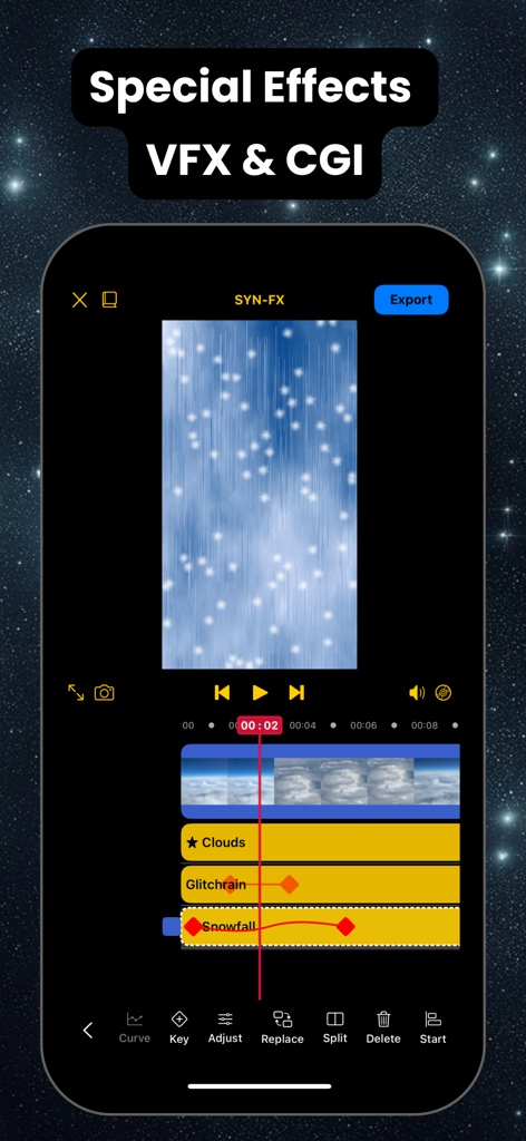 Syn-FX: Video Editor & Effects - Syn-FX app showing a video editing timeline with multiple layers for special effects and keyframe animation