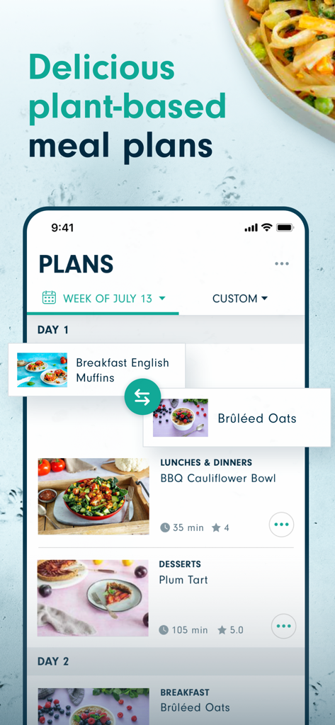 Forks Meal Planner - Interface of the Forks Meal Planner app showing a weekly plant-based meal plan with recipe swap options.