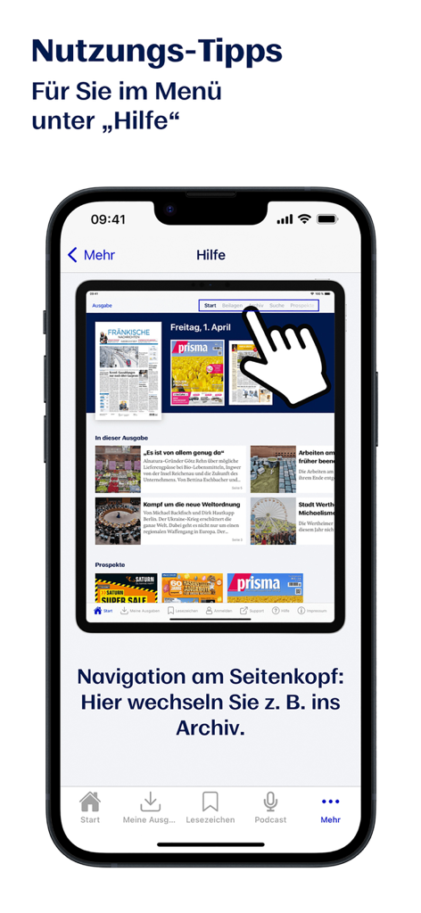 FN E-Paper App Screenshot mit Navigationstipps für den Zugriff auf den Archivbereich