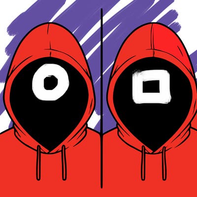 a person with a hoodie and no face, the drawing is split in 2