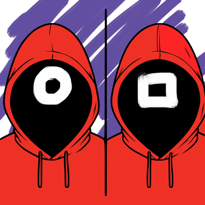 a person with a hoodie and no face, the drawing is split in 2