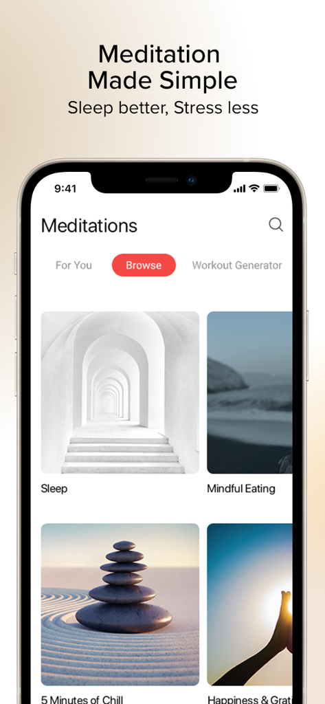 Jillian Michaels | Fitness App - Bereich für Meditation und Achtsamkeit in der Jillian Michaels Fitness App mit Kategorien für Schlaf und Stressabbau