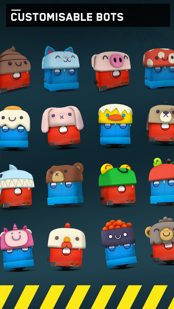 A variety of customizable red and blue cube-shaped robots wearing funny hats in the game Death Squared.