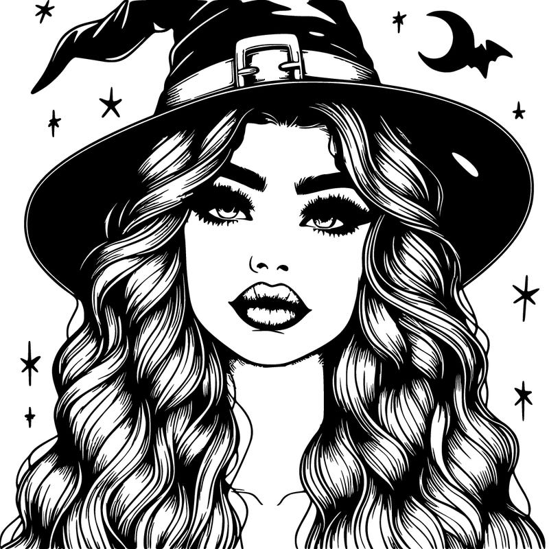 realistic witch girl with long hair and lips