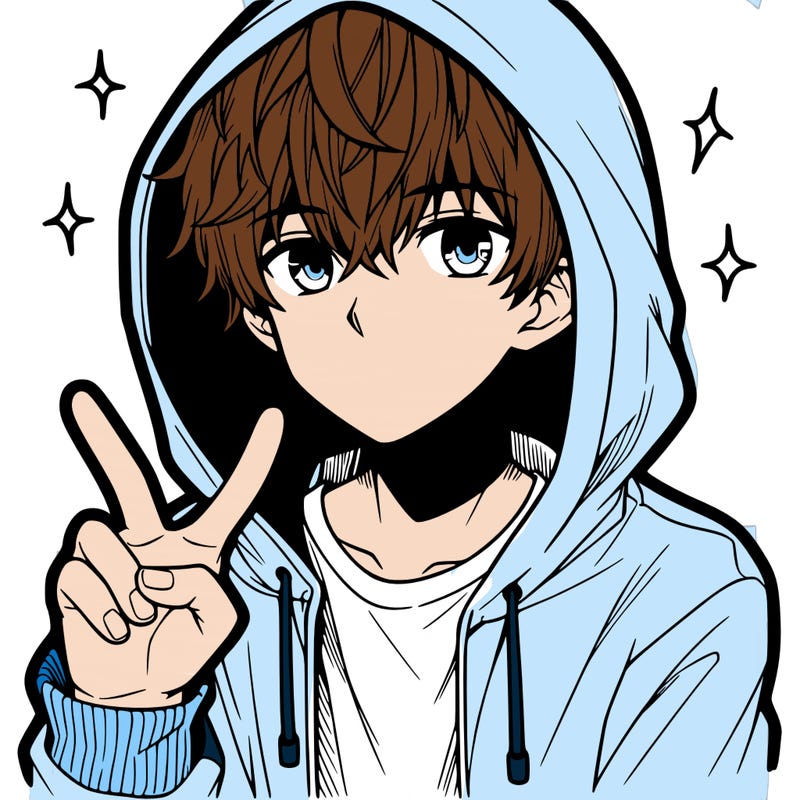teenage manga boy in a hoodie, doing ✌