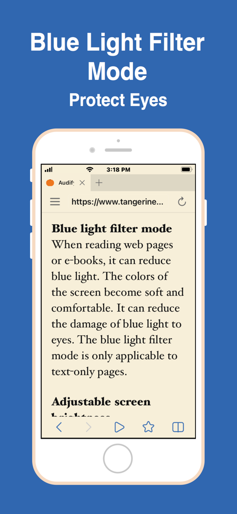Audify read aloud web browser - 디지털 눈의 피로로부터 눈을 보호하기 위한 Audify 앱의 블루 라이트 필터 모드를 보여주는 스마트폰 화면