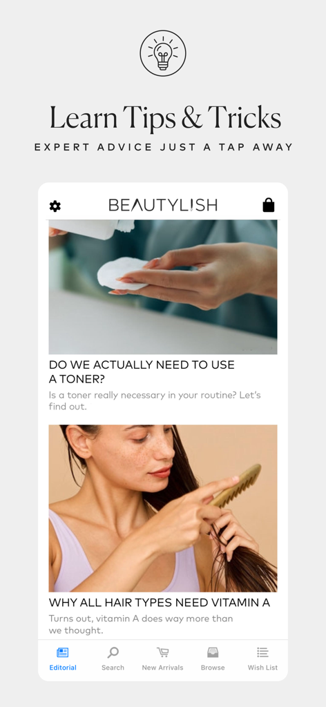 Beautylish - Beautylish app editorial screen featuring beauty tips and expert advice articles
